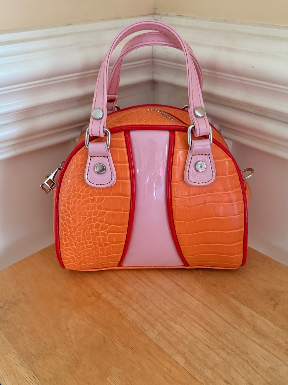 Urban Outfitters Sydney Orange and Pink Croc-Embossed Mini Bowler Bag